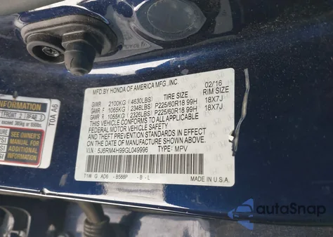 2016 Honda Cr-V Touring from USA, damaged, VIN 5J6RM4H99GL049996